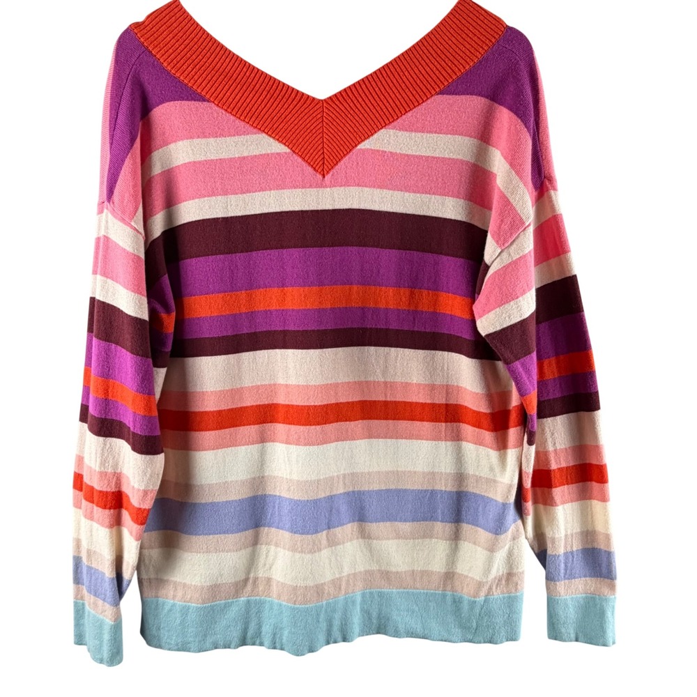 Cabi Striped V-Neck High-Low Hem Sweater Multi-Color Womens Sz S Dopamine Bright